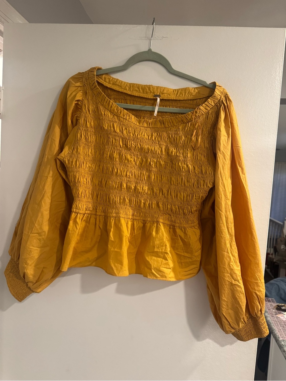 Free People Mustard Smocked Peplum Blouse Women's Size Large Boho cottagecore